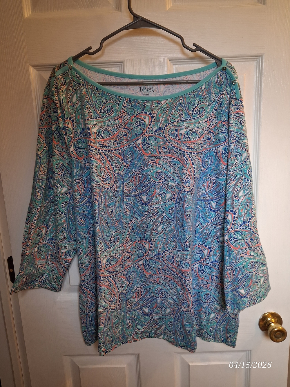 Hillard & Hanson Aqua Paisley Boatneck Blouse